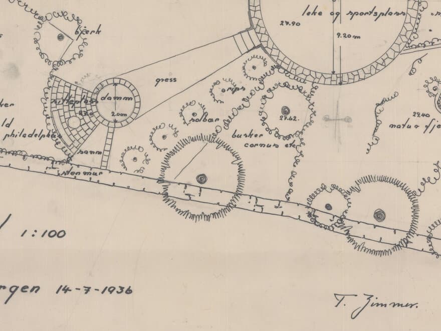 Detalje fra hageplan tegnet av hagearkitekt Torborg Zimmer 1936. 