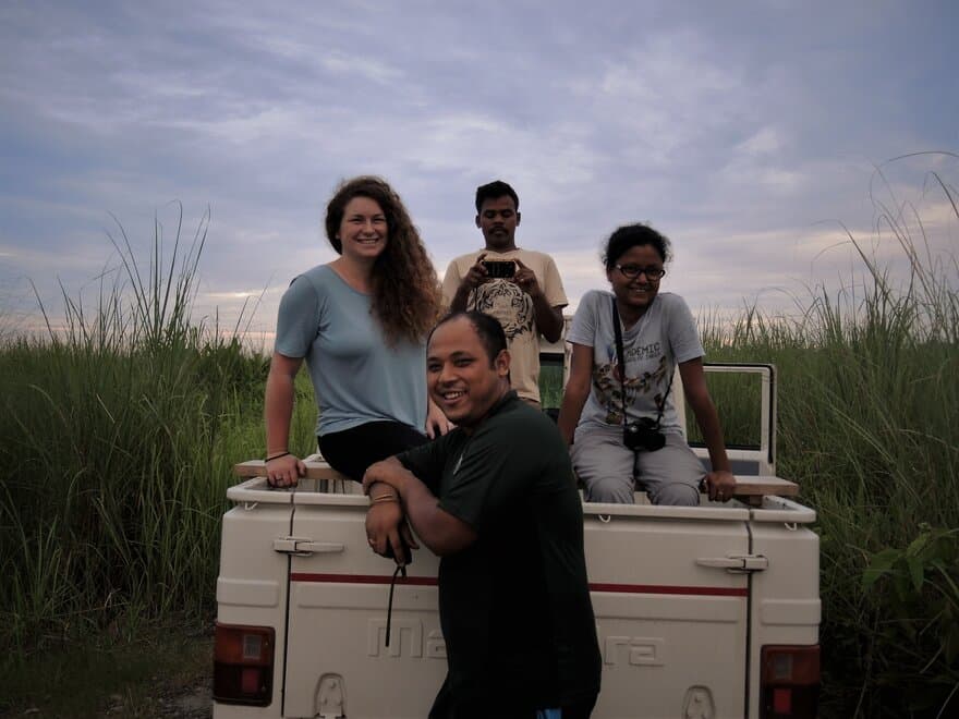 The local research team and Silvia during a safari through the Manas National Park.