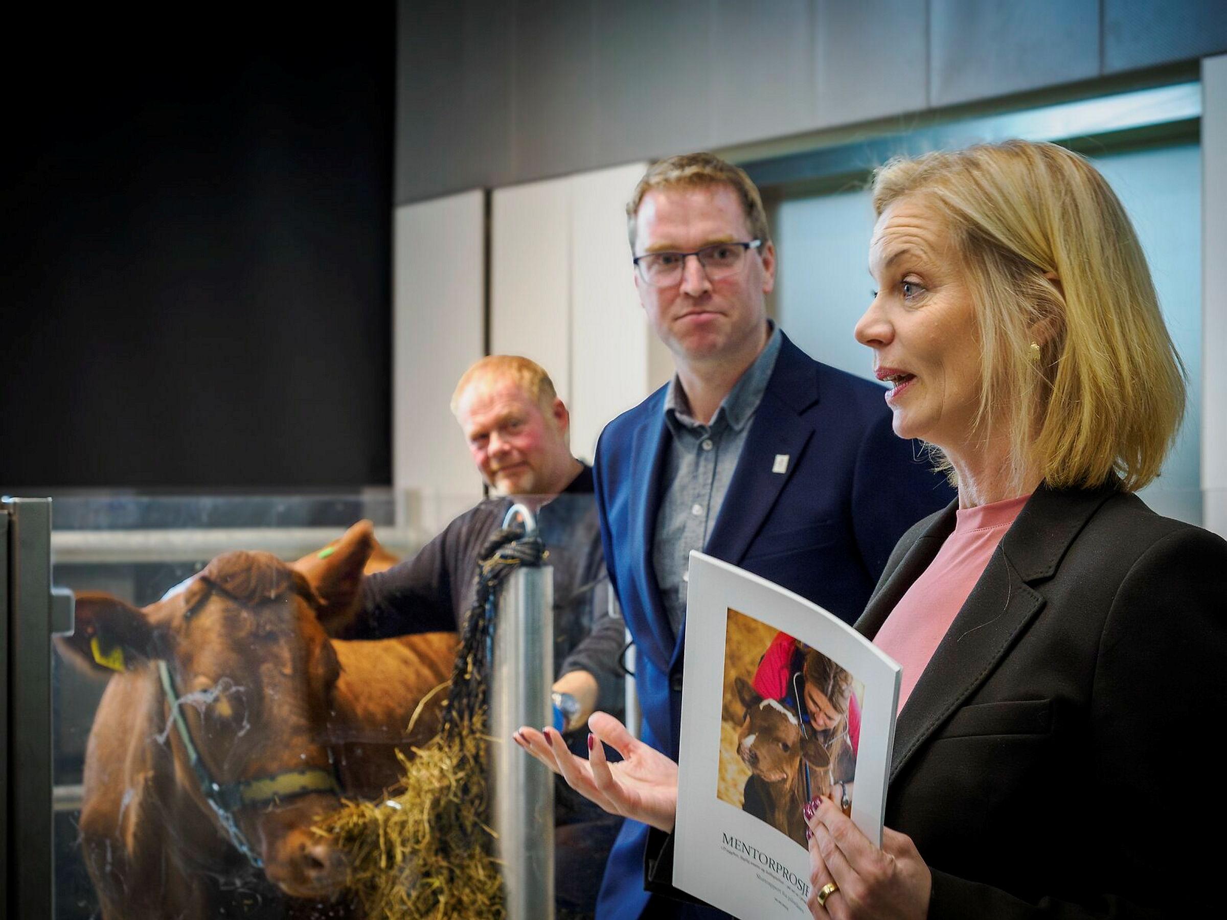 Besøk av Landbruks- og matminister Nils Kristen Sandtrøen og Forsknings- og høyere utdanningsminister Sigrun Aasland. De mottok sluttrapporten fra Mentorprosjektet som Veterinærforeningen har jobbet med for Landbruks- og matdepartementet. Mentorprosje