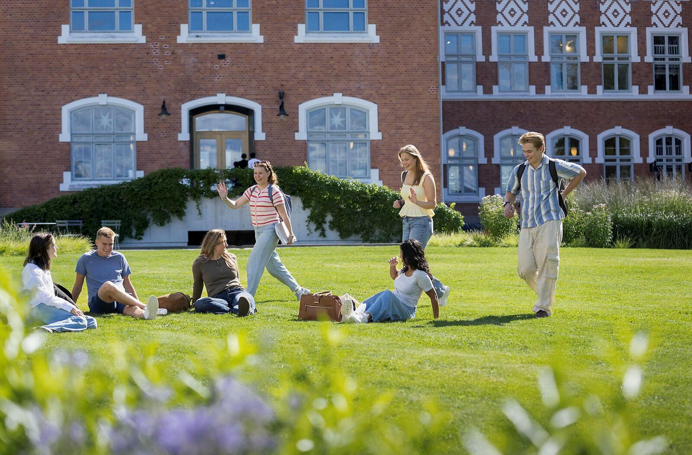 Våre dyktige studentambassadører fotografert
i områder på campus, ved Bikuben, foran plenen nord for Urbygningen og rundt Andedammen.