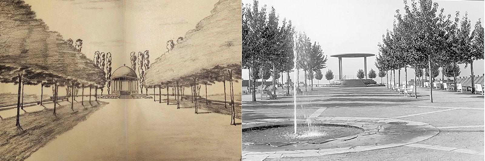 The project Torshovparken. Music pavilion. Eyvind Strøms drawing and the realized situation in 1937 (Oslo City Archive and Oslobilder.no)