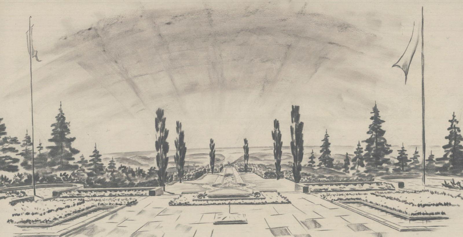 Masterstudenter i landskapsarkitektur på historisk skattejakt. Bilde av planskisse over parklandskap.