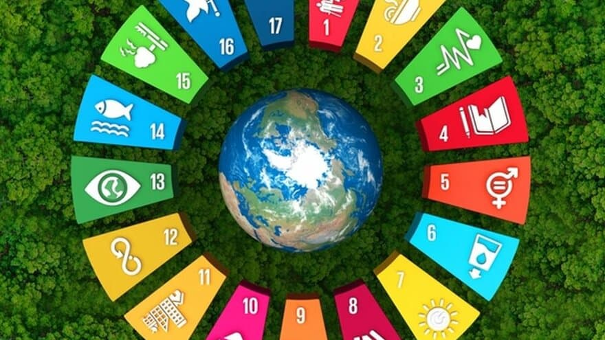 Bærekraftshjul med FNs bærekraftsmål i sirkel rundt jordkloden