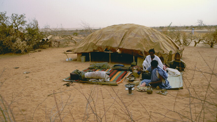 A Tuareg nomad camp in northern Mali, early one morning in 1988.. 