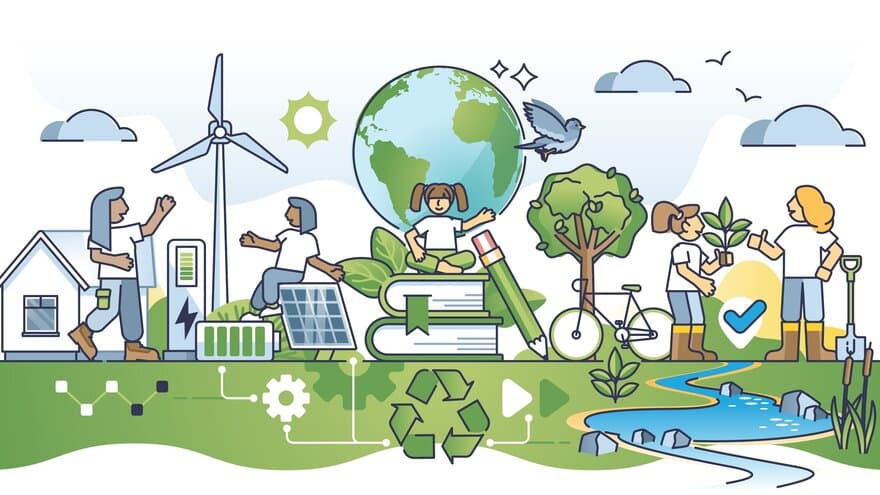 Environmental education and ecology awareness for green future outline concept. Kids learning about sustainable alternative energy and knowledge about nature friendly power sources vector illustration