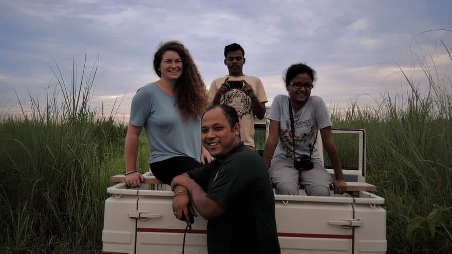 The local research team and Silvia during a safari through the Manas National Park.