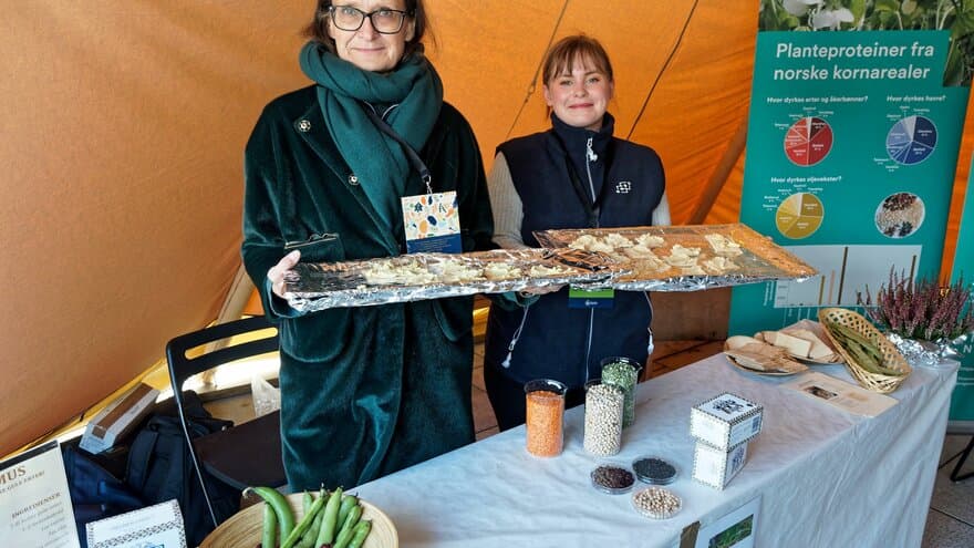 Tove Gulbrandsen Devold (til venstre) og Emilie Jørgensen bruker hummus som illustrasjon på hvordan Norge kan dyrke mer erter og bønner og utnytte planteproteinet bedre.