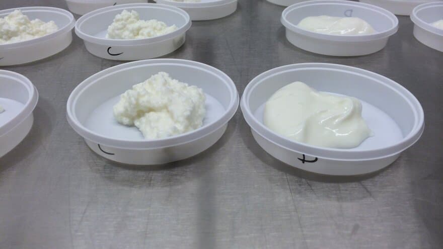 Yoghurt med grov og kornete struktur til venstre og glatt og viskøs struktur til høyre.