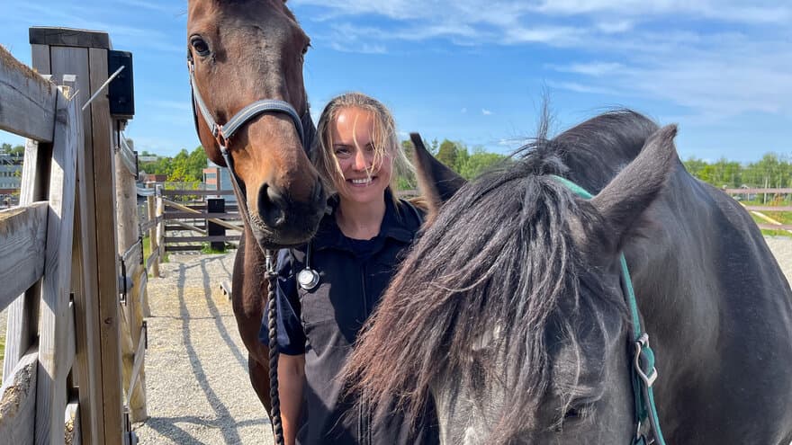 Jorunn Elise Østbø jobber som dyrepleier ved Dyresykehuset – hest. Hun var blant de første som fikk bachelorgrad i dyrepleie i 2017. 