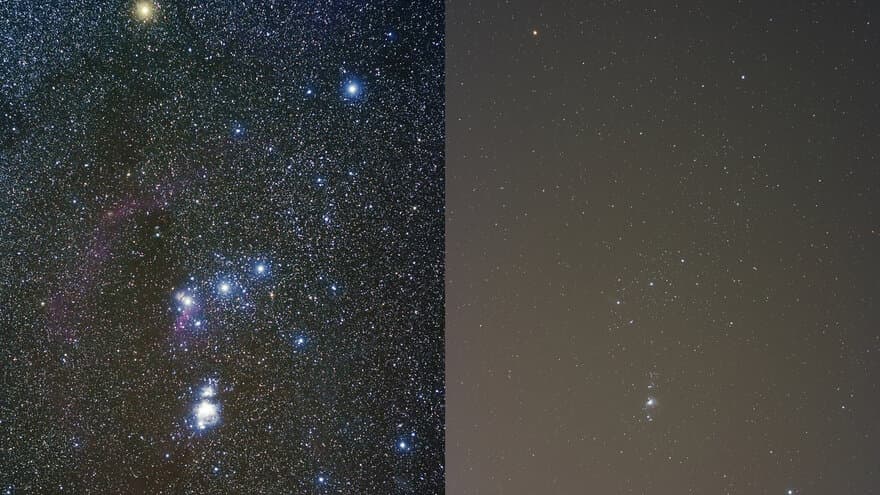 Stjernebildet Orion, slik det ser ut på et himmel med og uten lysforurensing.